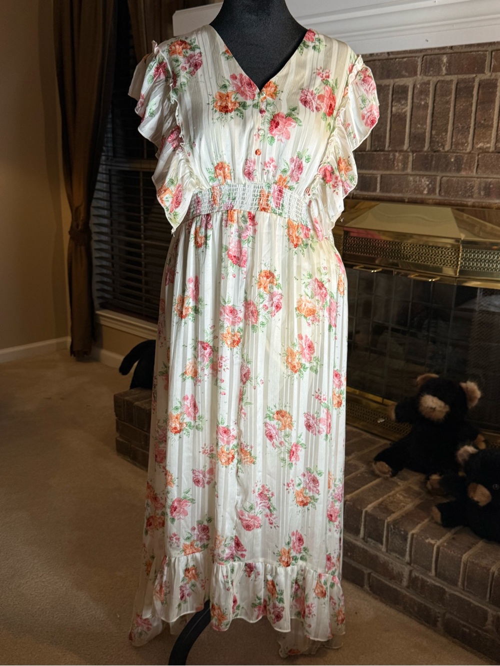 Floral Ruffle Maxi Dress in Cream with Pink & Orange Blooms